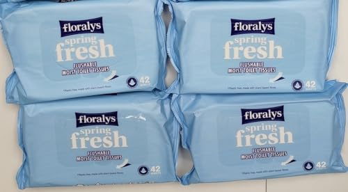 Spring Fresh Flushable Toilet Wipes, 4 x 42, 168 Wipes | Plastic-free biodegradable moist toilet tissues with plant-based fibres and a fresh gentle scent