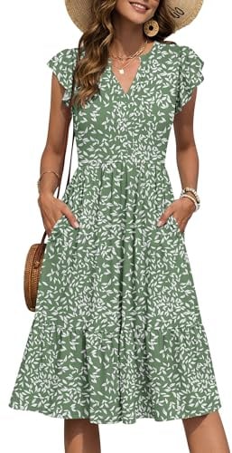 PLMOKEN Sommerkleid Damen Midi V-Ausschnitt Empire Elegant Kleider