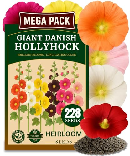 TLSSCO 225+ Hollyhock Flower Seeds, Pack for 2026 USA Premium Non-GMO Carnival Mix Giant Hollyhock Seeds - Home Garden Flower Perennial