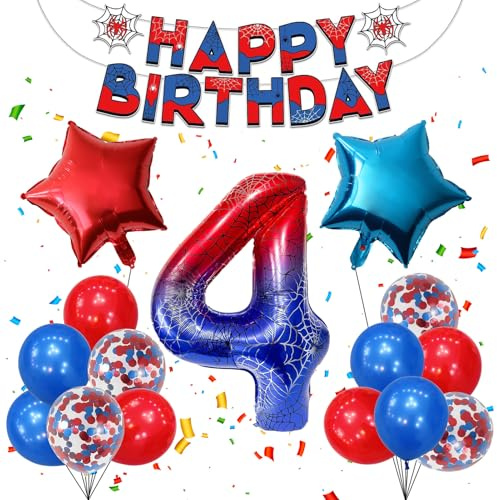 Spinnen-Motiv Luftballons Set, Spider Geburtstagsdeko 4 Jahre | mit Folienballon Zahl 4, Banner Wimpelkette, Sternfolienballons, Rote Blaue Latex & Glitzerballons, für Kinderparty