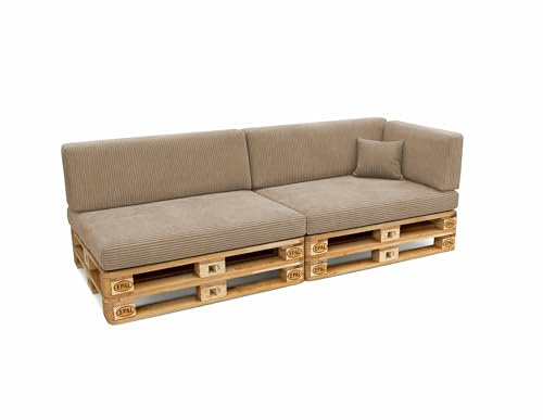 POKAR Palettenkissen 6er Set: 2X Sitzkissen 120x80 + 2X Rückenkissen 120x40 + Seitenkissen + Dekokissen | Palettenauflagen für Palettensofa aus Cordstoff mit Abnehmbarem Bezug | Made in EU | Beige