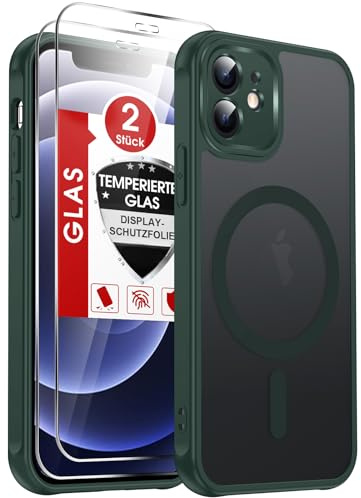 LeYi Handyhülle für iPhone 12 Hülle für Magsafe mit 2X Panzerglas-Grün | Handy hülle Ultra Dünn Magnetisch Schutzhülle Schutzglas Matt Transluzent Stoßfest Case Cover für i Phone12 iphon12