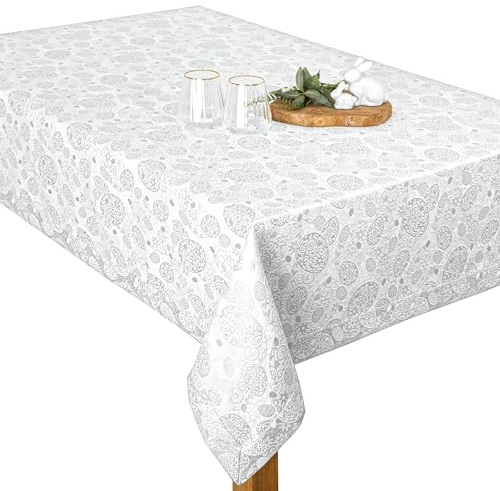 invitta Edle Oster-Tischdecke mit Silberfaden 140x280 cm – Elegantes Ostereier-Muster, Sauber Genäht mit Kuvertsaum, Fleckgeschützt, Doppelseitig, Premium 230g/m²