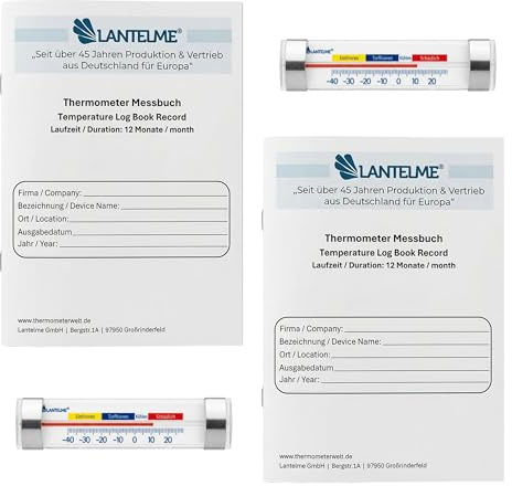 Lantelme Je 2 Stück Analog Kühlschrankthermometer und Dokumentationsheft DIN A5 Set 12 Monate 3mal täglich Logbuch | Thermometer für Kühlschrank Gefrierschrank -40 bis 24°C zum Aufhängen mit Saugnapf