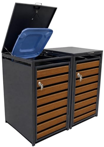 LagerZwei Mülltonnenbox 240 L I 2-er Set I Wetterfeste, abschließbare Mülltonnenverkleidung I Müllbox aus Stahl, pulverbeschichtet I Automatikdeckel mit Gasdruck I Holz, 116 x 80 x 68 cm