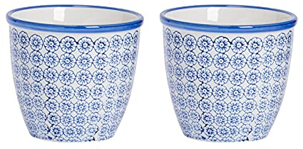 Nicola Spring Patterned Plant Pots - Navy - 2 Pack - 14cm Porcelain Indoor Ceramic Planter with Drainage Holes Outdoor Garden Flower Pots for House & Garden Flowers