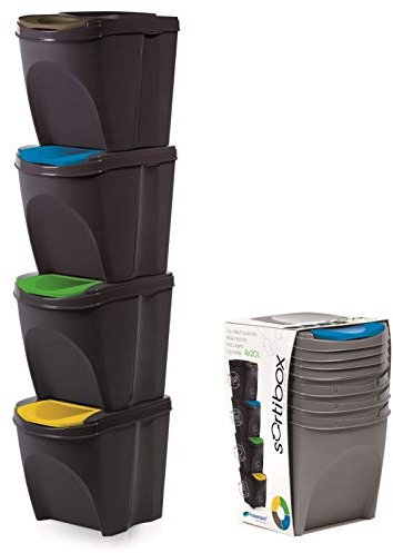 KrysGo 20 Litre Large Stackable Recycling Sorting Colour Coded Plastic Bins with Hinged Lids (4 x Black)