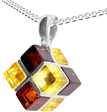 Kette mit Anhänger - Würfel 11 mm - Silber 925/000 mit Bernstein