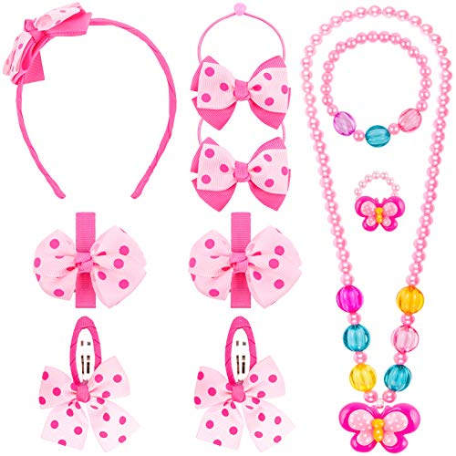 MELLIEX Bijoux pour Enfants Petites Filles Rose Collier Bracelet Bague Pinces à Cheveux Arcs Accessoires Ensemble, Princesse Bijoux Cadeau pour Jeu d'habillage - 10 Pièces