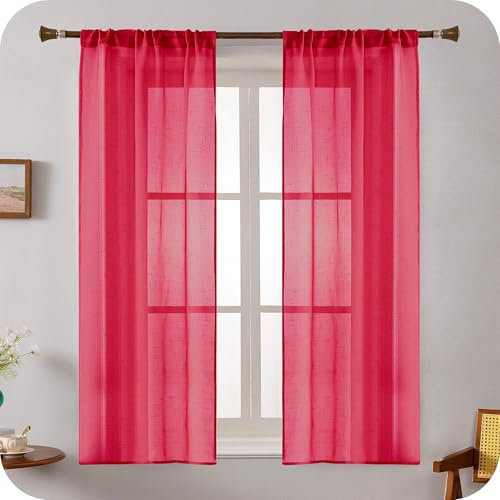 GIRASOLE HOME Coppia Tende Voile Trasparenti Effetto Lino Tenda per Soggiorno Camera Cameretta Balcone Finestra e Interni 2 Pannelli con Tasca (Rosso, 70x150cm)