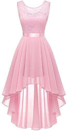 Berylove Vintage Robe de Cocktail Pin Up High Low en Dentelle Mousseline pour Mariage Soirée Bal Jupe Asymétrique sans Manche avec Ceinture 35 Pink S