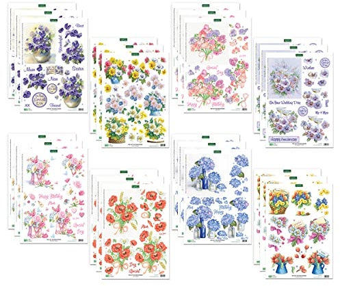 Katy Sue Designs Pretty Flowers 3D Die-Cut Decoupage Sheets for Card Making. A Pack of 24 Sheets of Floral-Themed Die Cuts for Card Making Supplies With Sweet Peas, Corn Poppies, Hydrangeas, & Pansies