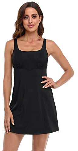 HDE Damen Trainingskleid mit integrierten Shorts, ärmellos, sportliche Kleider für Golf Tennis, Schwarz mit BH, Groß