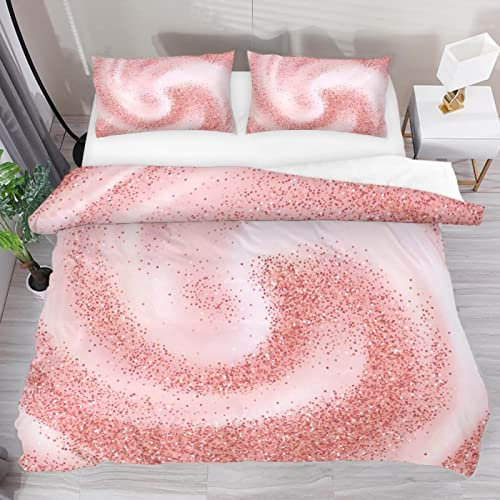 Blending Rose Gold Glitter on Swirling Duvet Covers Set Double Size, Soft Tencel Quilt Bedding with Zipper Closure Easy Care, 3 Pieces (1 Duvet Cover + 2 Pillowcases)
