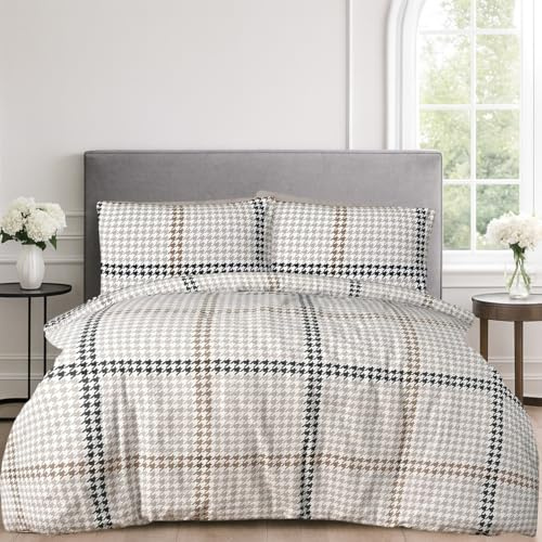 Sleepdown Houndstooth Check Natural Black 100% Brushed Cotton Reversible Duvet Cover Quilt Bedding Set with Pillowcases Warm Soft Easy Care Bed Linen - Double (200cm x 200cm)