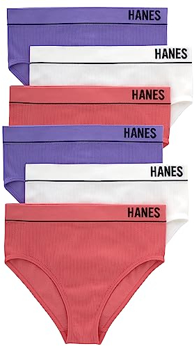 Hanes Women's Originals Underwear, Seamless Rib Hi-Leg Bikini Panties, 6-Pack Style, White/Lively Lavender/Pink Begonia, XS (Pack of 6)