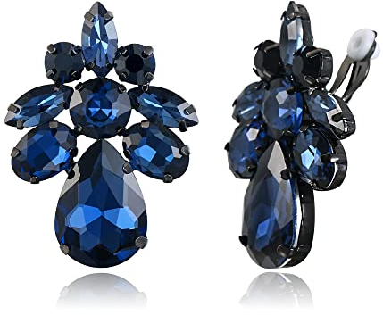 Clearine Ohrclips auf Hochzeit für Damen Braut Teardrop Marquise Schliff Strass Statement Ohrringe für Prom Party Blau Schwarz-Ton