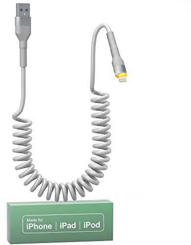 KETAKY Plus Coiled iPhone Lightning Cable Apple Carplay Cable MFi Certified, Retractable Apple Car Play Cord with Data Sync and LED, Short Coiled iPhone Charger Cable for iPhone/Pad/Pod, White