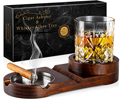 Monsiter QE Cigar Ashtrays, Whiskey Glass Tray and Cigar Holder for Indoor Outdoor, Wooden Ash Tray Detachable Ashtray for Cigarettes, Cigar Accessories Decor for Home Office Cigar Gifts for Men