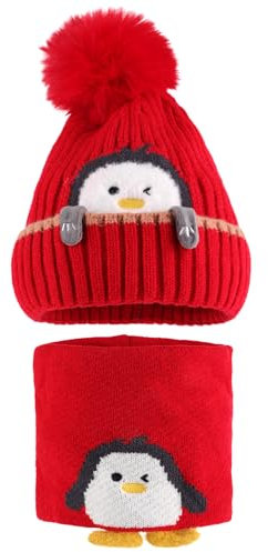 MASOCIO Wintermütze Baby Mütze Schal Set Kinder Junge Mädchen Winter Herbst Warme Babymütze mit Bommel Kindermützen Loop Strickmütze Fleece Beanie Hat 1-3 Jahr Rot