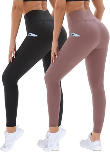 DDOBB 2er Pack Sport Leggings Damen High Waist Sportleggins Damen Lang Mit Taschen Gym Leggins Blickdicht Schwarz Sporthose Elastische Bauchweg Yogahose Fitness Laufhose(Schwarz+Rosa,L-XL)