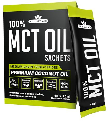 Natures Aid MCT Oil 15 x 15ml Sachets - Add to Coffee Shakes Smoothies or Dressings - 100 Percent Premium Coconut Oil Pure Sustainably Sourced Vegan Vegetarian GMP Standards Rapid Absorbed for Energy