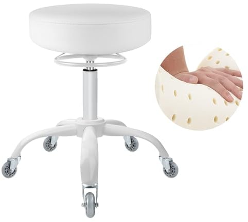 OUTMASTER Rollhocker höhenverstellbar mit Rollen - 50-62cm,bis 180 kg belastbare Arbeitshocker,360° Drehhocker Hocker für Salon und Spa,aus Leder Hocker (Alles weiß)