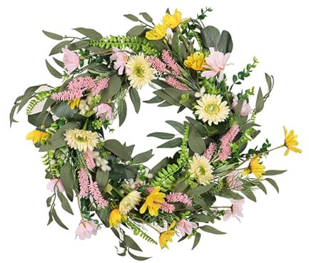 Fenteer 45cm Künstliche Blumen Frühlingskranz Haustür Grün Eukalyptusblätter Osterdekorationen für Festival-Gartenkamin