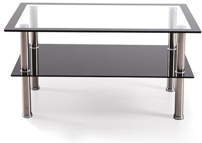Rattanland® Table basse en verre, table de salon, table basse, table de salon, table basse, table de salon, 2 étagères en verre trempé, 90 cm x 50 cm x 43 cm H (transparent - noir)