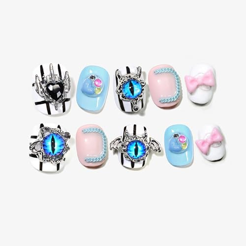 Sun&Beam Nails Handgefertigte Nagelspitzen Kurz Rund Quadratisch Nägel zum Aufkleben in Schwarz Weiß Rosa Blau Auge des Teufels Design mit Klebepads 10 Stück (#147 S)