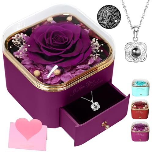 Echte ewige Rose mit „I Love You“-Halskette, konservierte Blumen, Rose, Geschenkbox für Muttertag, Hochzeit, Jahrestag, Weihnachten, Geburtstag Geschenk für Frauen Mutter Mama Freundin Ehefrau Oma