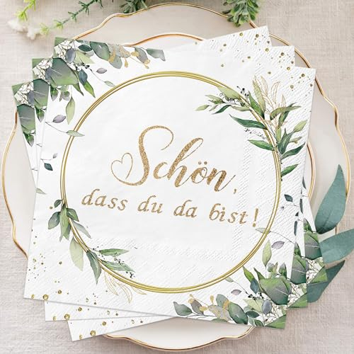 Wentsent 40Stück Servietten Eukalyptus Grün, 3-Lagige Schön Dass Du Da Bist Papierservietten Tischdekoration für Hochzeit Geburtstag Taufe Kommunion Konfirmation und jede Feier Party