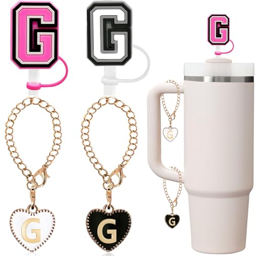 Straw Cover for Stanley Cup Accessories White Black Letter Cover Cap Letter Charms for Stanley 30&40 Oz Tumblers with Handle/Yeti,Initial Letter Name Plate Straw Toppers (G 2pcs letter & 2pcs charms)
