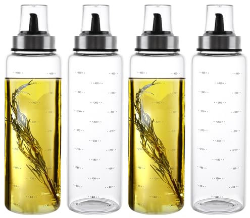 WOPPLXY 4 PCS Glass Olive Oil Dispenser Bottles with Drizzler 500ml - 17oz Oil Dispenser Set - Cooking Olive Dispenser Wide Opening Easy Refill Leakproof Vinegar Dispenser Bottle with Lids for Kitchen