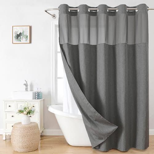 eachope Rideau de douche texturé en lin avec doublure en tissu à clipser, rideau de douche imperméable pour salle de bain avec fenêtre sur le dessus en maille, lavable, 180 x 188 cm, gris anthracite
