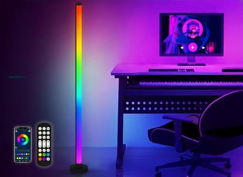 LED Stehlampe, RGB Ecklampe mit Musiksynchronisation, Stimmungsbeleuchtung, Ecklampe, mit Fernbedienung per App, DIY Modi, Stehlampe für Wohnzimmer, Schlafzimmer, Spielzimmer