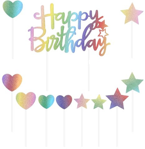 11 Stück Happy Birthday Tortendeko Geburtstag Set, Glitzernde Geburtstagsparty Kuchen dekoration, Stern Kuchen dekoration, Cake Topper Happy Birthday aus Holz, Kuchen Deko für Mädchen, Jungen