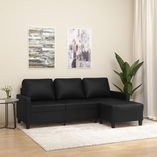 Willood 3 Sitzer Sofa mit Hocker Modern Couch Gästesofa fürs Wohnzimmer Schlafzimmer Gästezimmer Kunstleder Schwarz