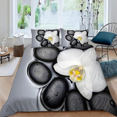 Bettwäsche 135x200 cm Orchidee, Mikrofaser 3D Bettbezug Schwarzer Stein für Kinder, Weiche Bettwäsche-Sets + 2 Kissenbezug 80x80 cm ALL194