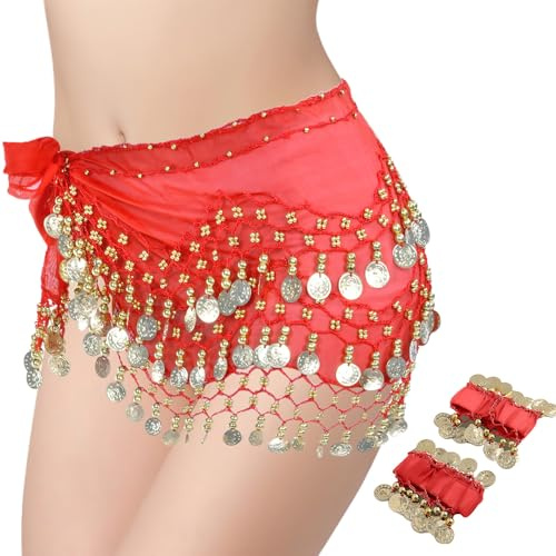 VEGCOO Ceinture Danse Orientale Femme, Fille Foulard Belly Danse, Sequins Doré Écharpe Déguisement avec Bracelets, pour Représentations sur Scène, Anniversaire, Fête