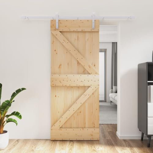 Gecheer Set Porta,Scorrevole,del Granaio,con Kit Binario,Se Hardware,Ferramenta,in Legno di Pino,Bianco e Naturale,85x210 cm,Binario 200 cm,A,Porta del Granaio Sorrevole con Kit Binario