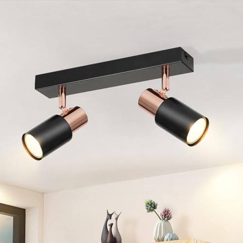 ZMH Deckenstrahler Schwarz Deckenspots GU10-2 Flammig Küchenlampe 350° Drehbar Wandstrahler Modern Flur Deckenlampe Industrial Deckenleuchte für Wohnzimmer Schlafzimmer Küche(Ohne Leuchtmittel)