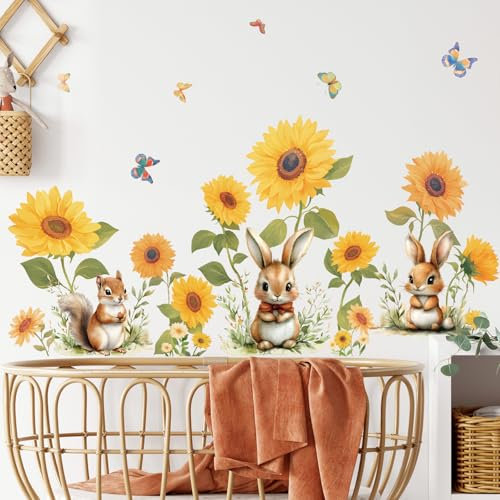 SHUCHING Großer Hase Sonnenblume Wandsticker, Kaninchen Schmetterling Blume Wandaufkleber Wandtattoos für Wohnzimmer Schlafzimmer Wanddeko DIY