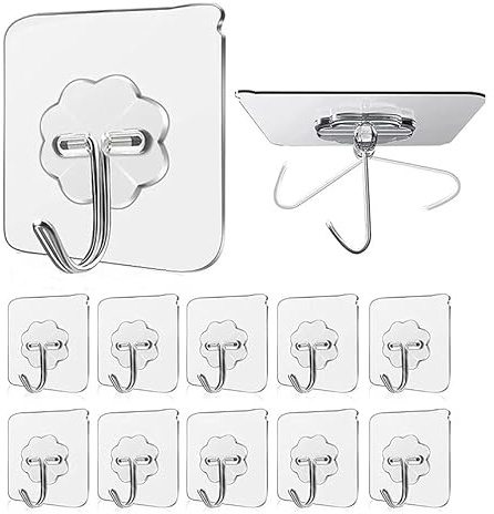 Volunx 10 PCS Heavy Duty self Adhesive Clear Hooks Clear Waterproof 15kg 33lb Plastic Strong Sticky Hook for Bathroom Kitchen Wall Door Metal, Tiles, Wood, Ceramic to Make Garland