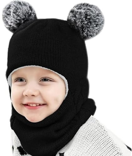 Roysmart Kinder Wintermütze, Schlupfmütze Baby, Wintermütze Mädchen Jungen Warm Strickmütze mit Pompom, Schlupfmütze Balaclava Thermische Kapuzenschal Niedlich Wintermütze für Babys Kinder - Schwarz
