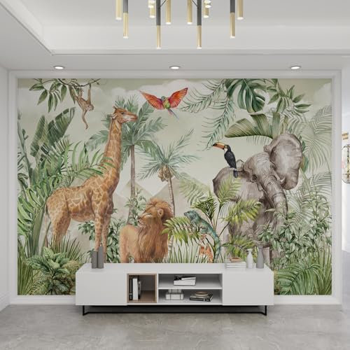 QDJKBL Wild African Elephant Animal Wall Murals Tropical Rainforest Jungle Palm Leaves 3D Wallpaper Mural Wall Photo Mural Light Texture Colorfast for Kitchen Farmhouse Sofa Wall - 250 x 175 cm
