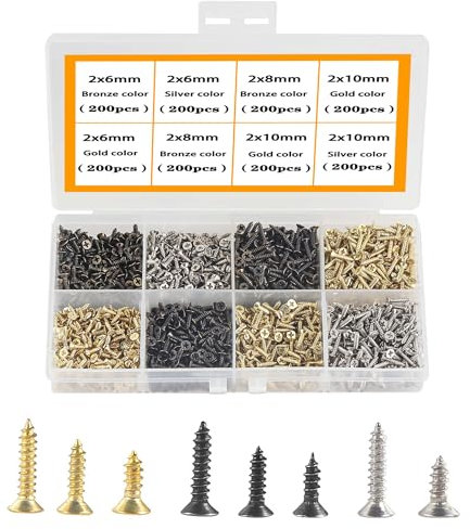 HVDHYY M2 Petites Vis Autoforeuse Vis à Bois Metal Cruciformes à Tête Plate Multi-Usages Bricolage Miniature Vis Set Gold Silver Noir 1600pcs