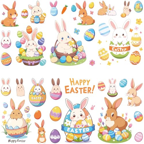 craspire 8 Blatt Kaninchen Fensteraufkleber Osterhase Eier Korb Gras Wandaufkleber Abziehen Und Aufkleben Wasserdicht Großer Aufkleber Für Zuhause Treppenhaus Restaurant Küche Schaufenster Glastüren