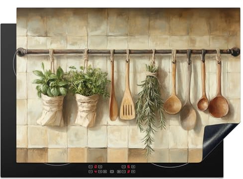 KitchenYeah© Copri Piano Cottura Coprifornelli Tappetino per Induzione | 75x52 cm - Fornello Tutto per la Cucina Legno - Utensili da Cucina - Natura Morta - Piastrelle