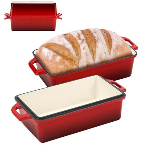 Northriver Casting 9x5 Inch Enameled Cast Iron Bread Loaf Pan with Lid, Perfect Sourdough Baking Pans | Even Heat Distribution for Homemade Bread, Cake, Meatloaf,2 Piece set,Red